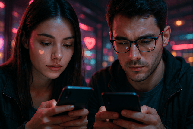 AI-generated male and female virtual characters smiling while chatting on their smartphones, neon lighting, representing safe AI sexting and private digital conversations.