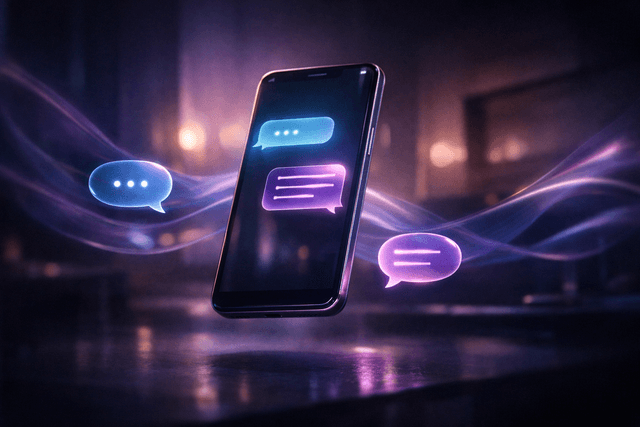 Conceptual illustration representing an NSFW AI chatbot experience, showing a smartphone with glowing chat bubbles and abstract visuals symbolizing adult AI conversation and virtual intimacy